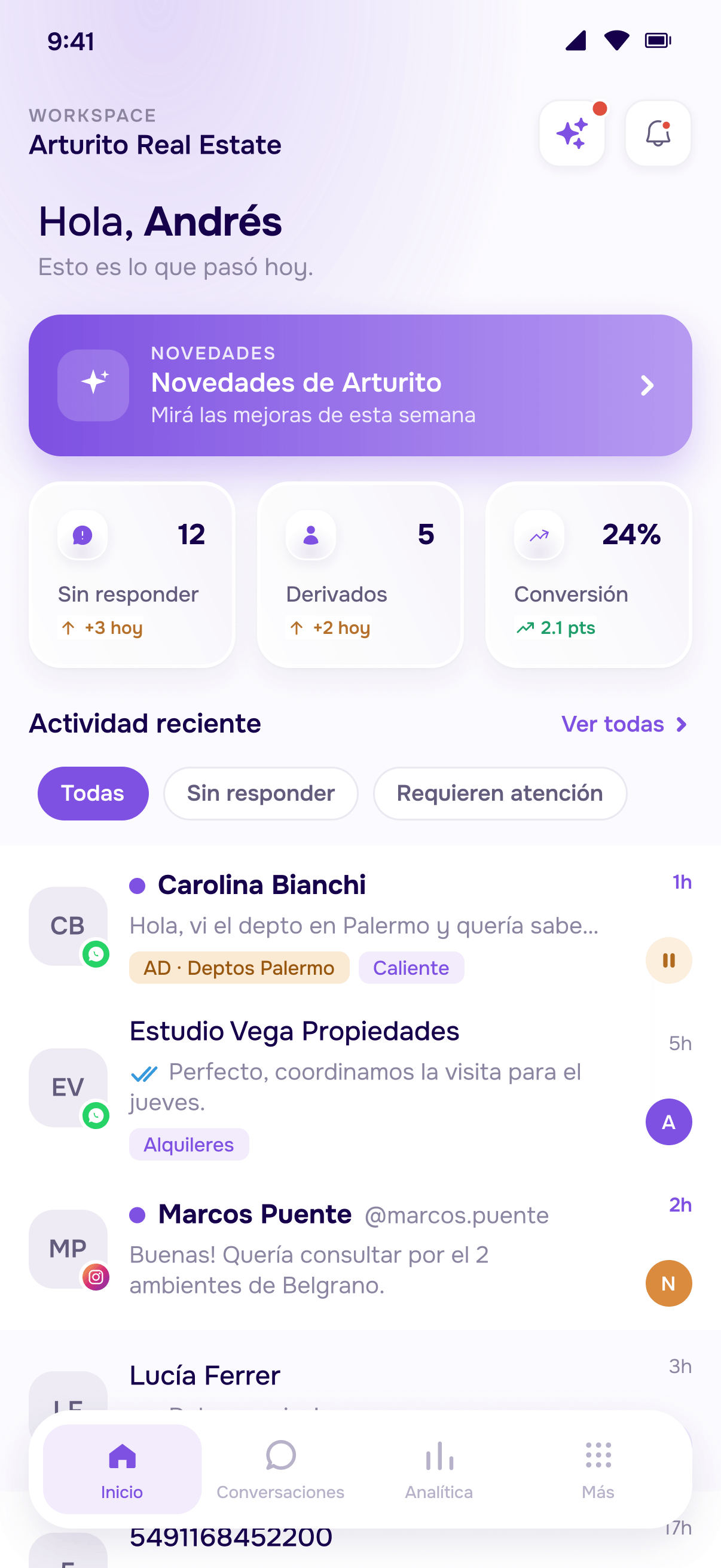 Pantalla de inicio de la app de Arturito con el resumen del día