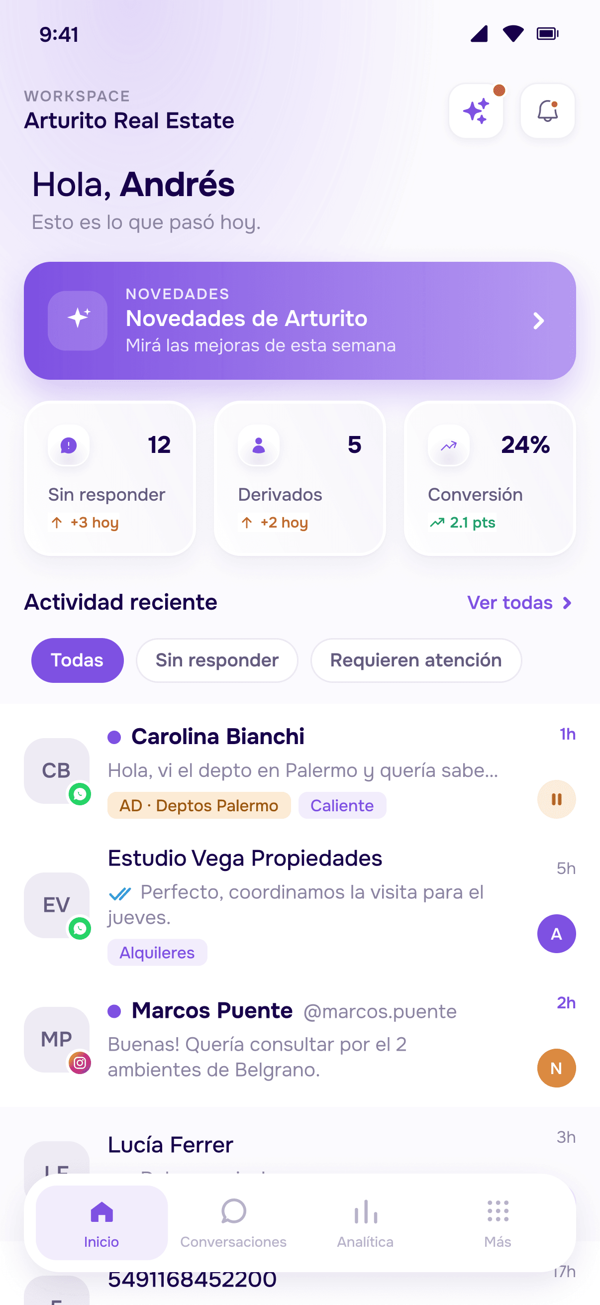Pantalla de inicio de la app de Arturito: resumen del día con métricas, accesos rápidos y actividad reciente