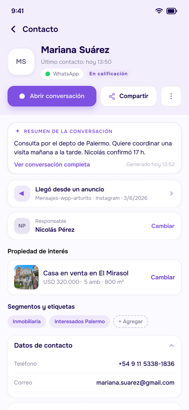Ficha de contacto de la app con el resumen escrito por Arturito, origen del lead, responsable y propiedad de interés