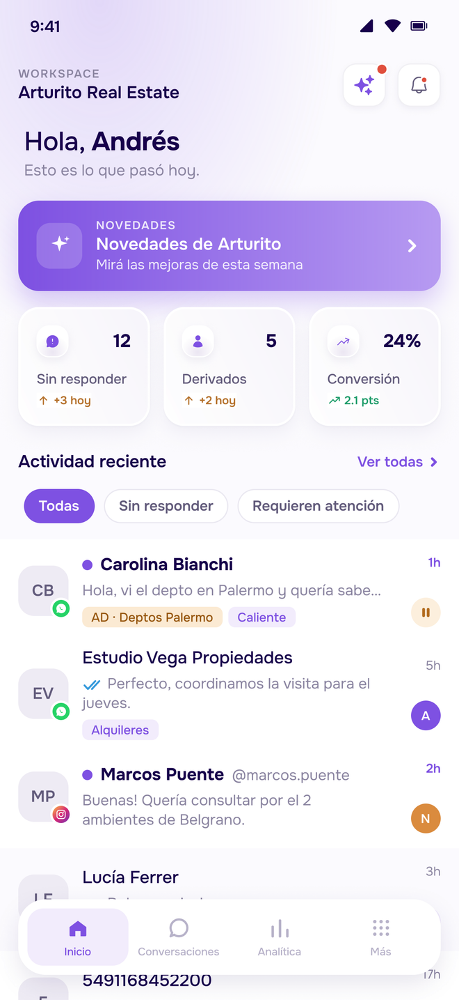 Pantalla de inicio de la app de Arturito con el resumen del día